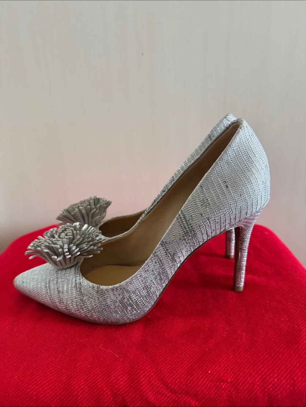 Michael Kors Silver Pointed Toe Pom-Pom Heels